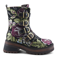 Thumbnail for Pair of L'ARTISTE HARUKO BOOTS in brown leather with floral pattern