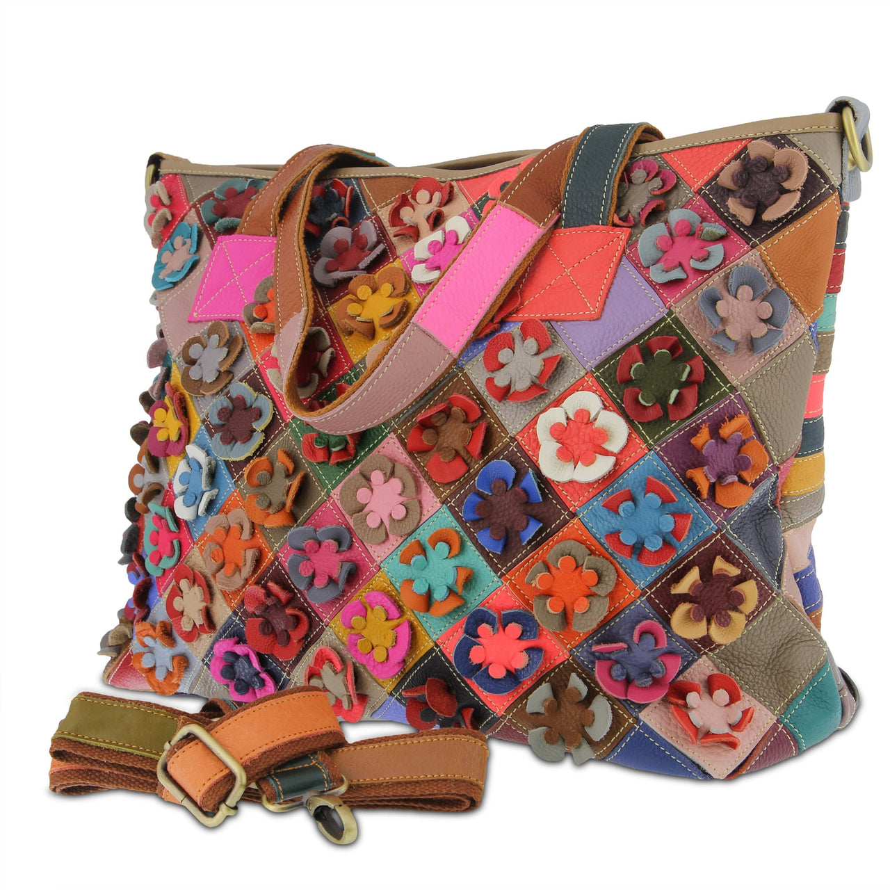 L'ARTISTE HB-APPLIQUE HANDBAGS in vibrant red and floral designs with intricate stitching and adjustable strap