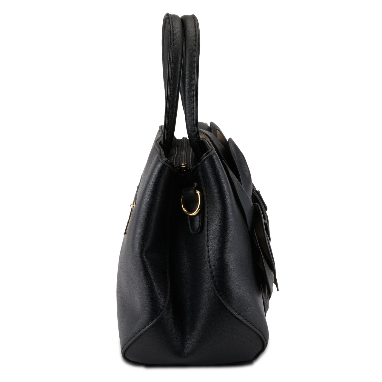 Elegant L'ARTISTE HB-BLOOM HANDBAG in sleek black with hand-painted floral design and front zip pocket