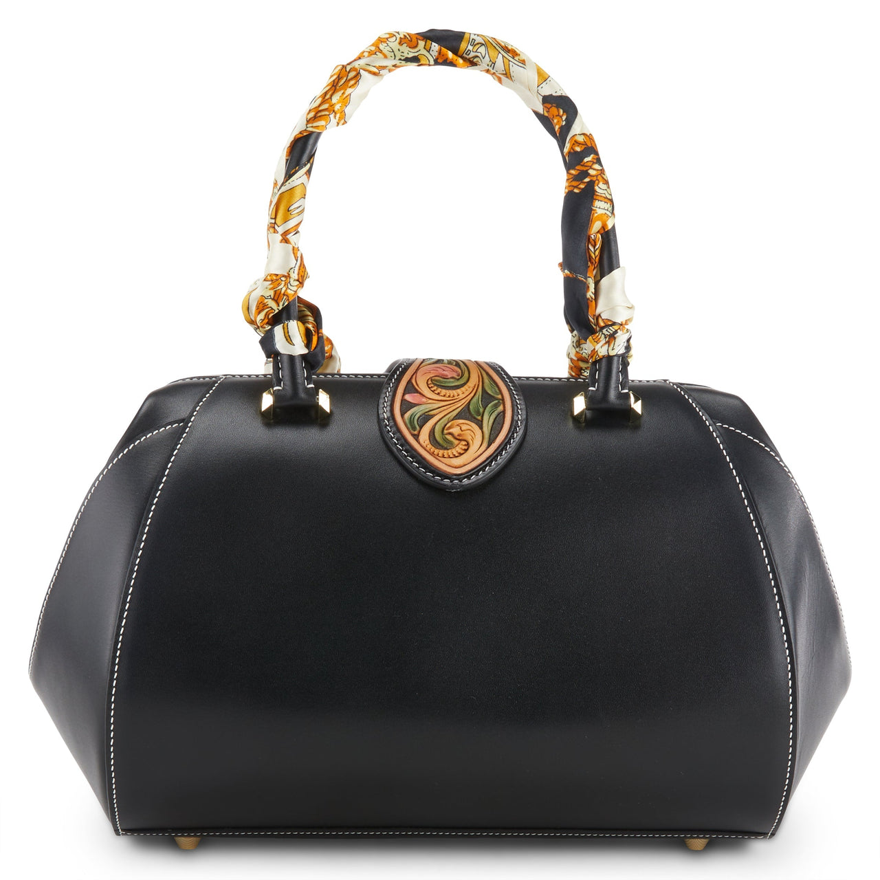 L`ARTISTE HB-BOWLERA HANDBAG in elegant black leather with gold hardware and detachable shoulder strap