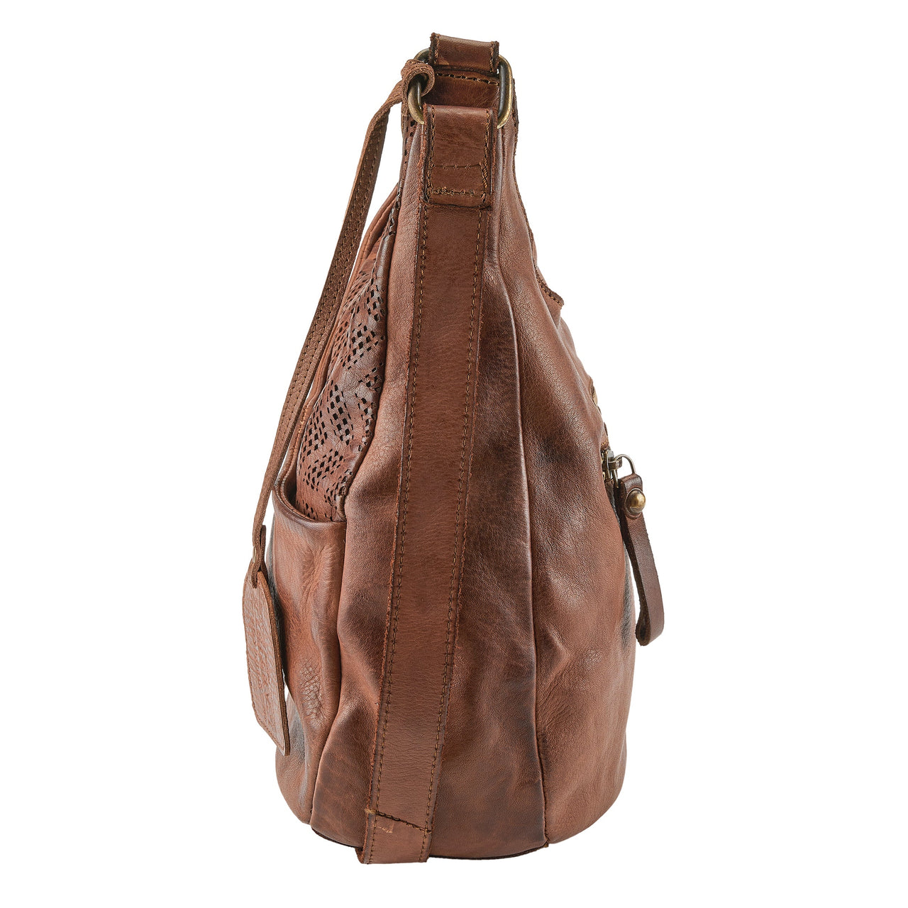 Beautiful L'ARTISTE HB-CRESCENT HANDBAG in rich, brown leather with intricate hand-stitched details and adjustable shoulder strap