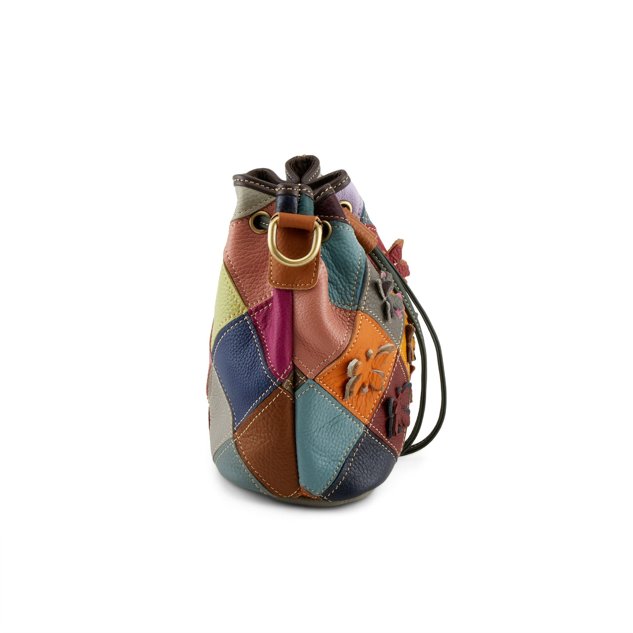 Stylish and spacious drawstring handbag with intricate hand-painted details