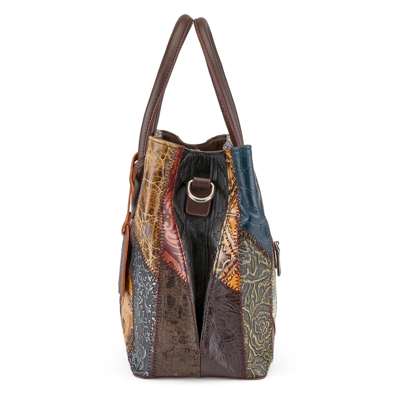  Stylish and feminine L'ARTISTE HB-EXETTE HANDBAG showcasing intricate floral embossed leather and antique brass studs 