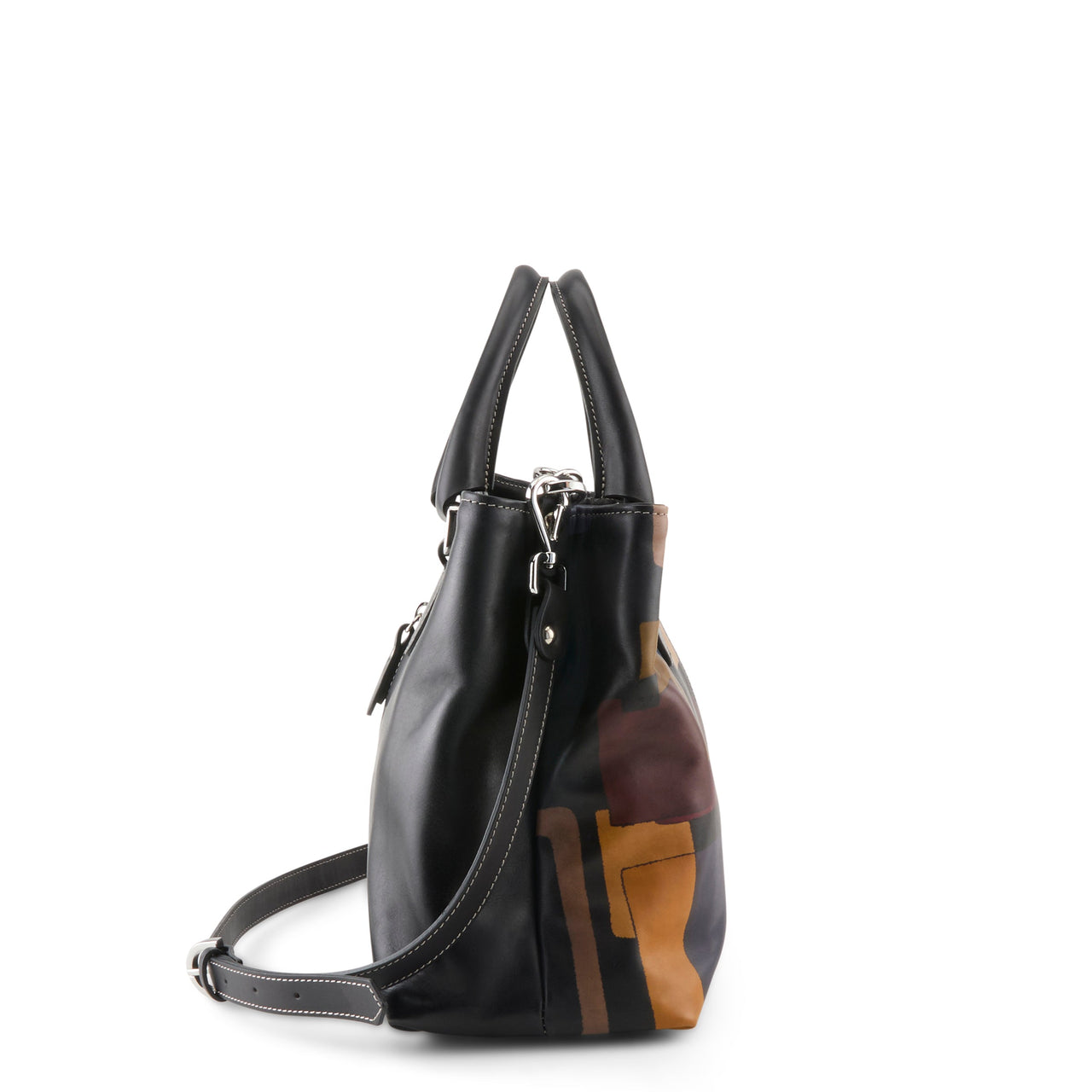 Genuine leather handbag with hand-painted details and adjustable shoulder strap