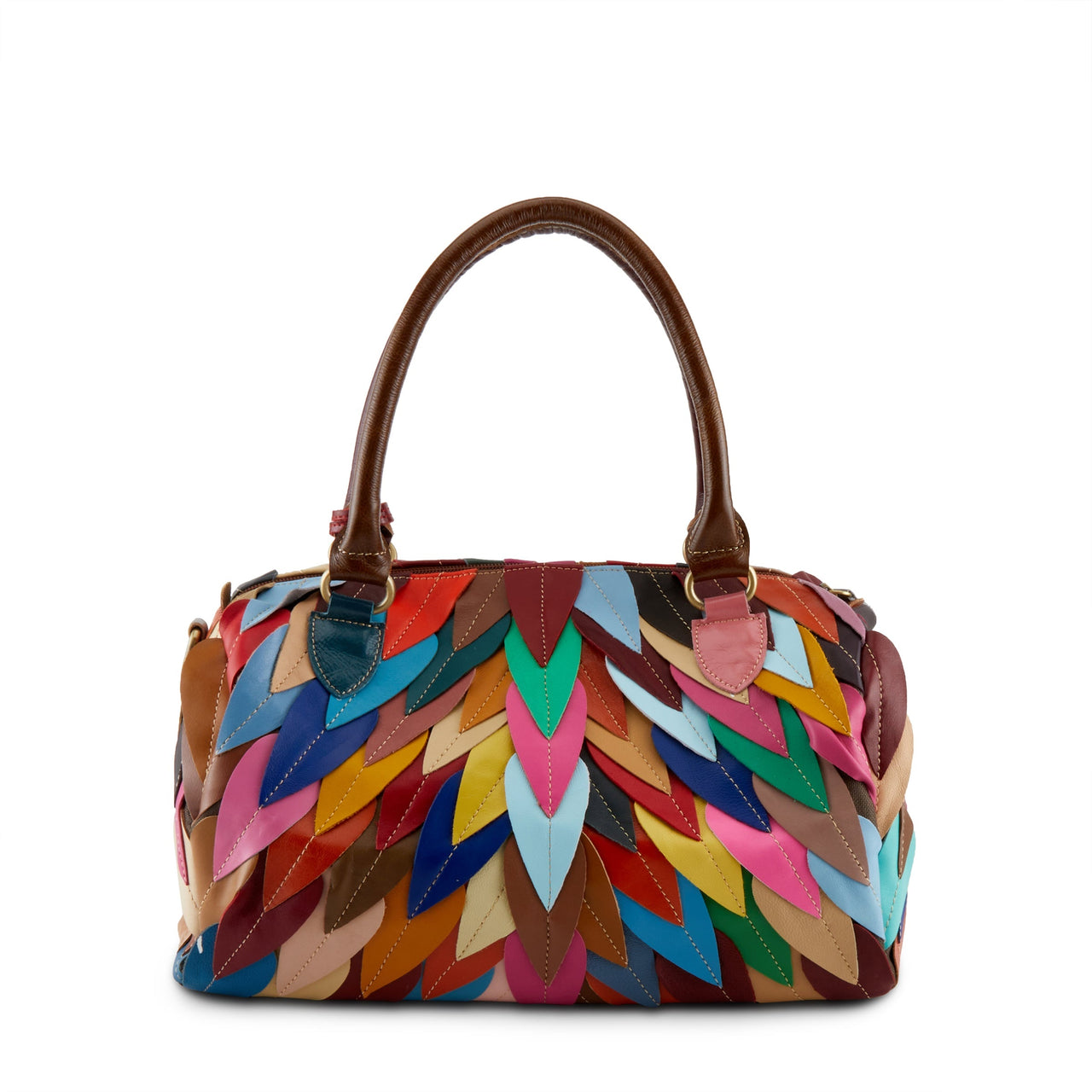 Beautiful L'ARTISTE HB-PLUMAGE HANDBAG with vibrant feather pattern and leather trim