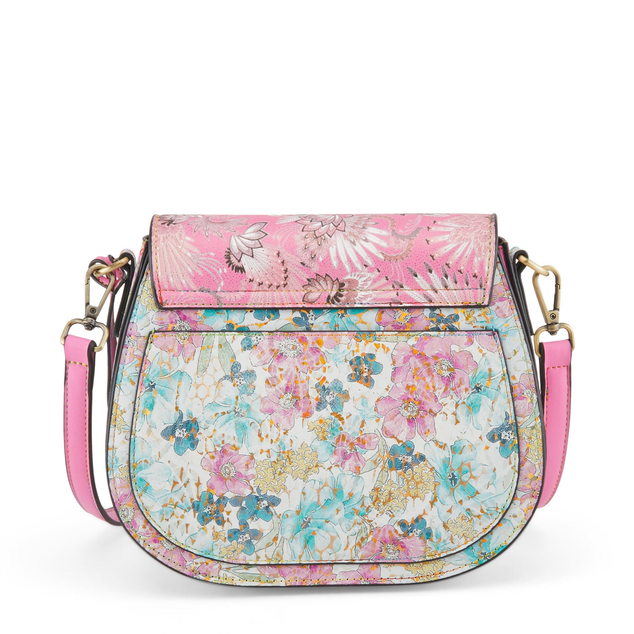 Fashionable L'ARTISTE HB-PRETTINESS HANDBAGS adorned with colorful floral patterns and metal stud accents