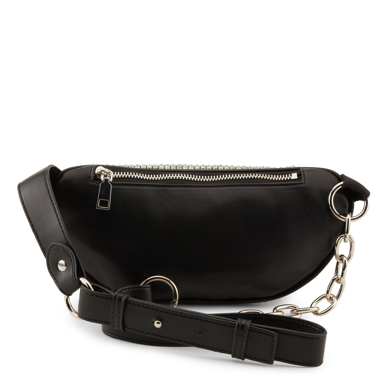 Stylish black leather handbag with silver studded details and chain strap 