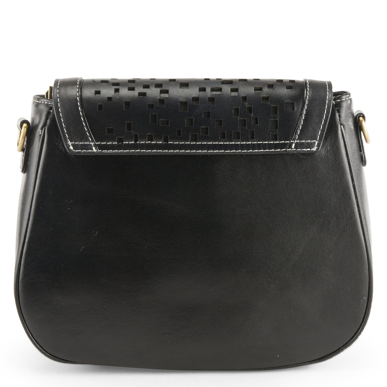 L'ARTISTE HB-SADDLEBAG HANDBAG in black, featuring intricate floral embroidery and adjustable shoulder strap