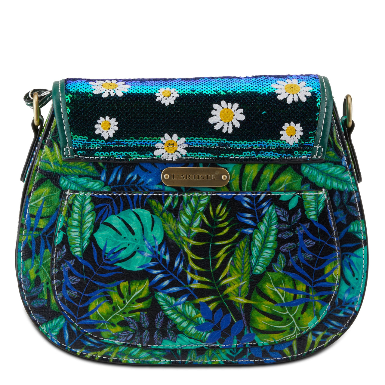 L'ARTISTE HB-ZINGY HANDBAG in shade of sapphire, with intricate floral embroidery and adjustable shoulder strap