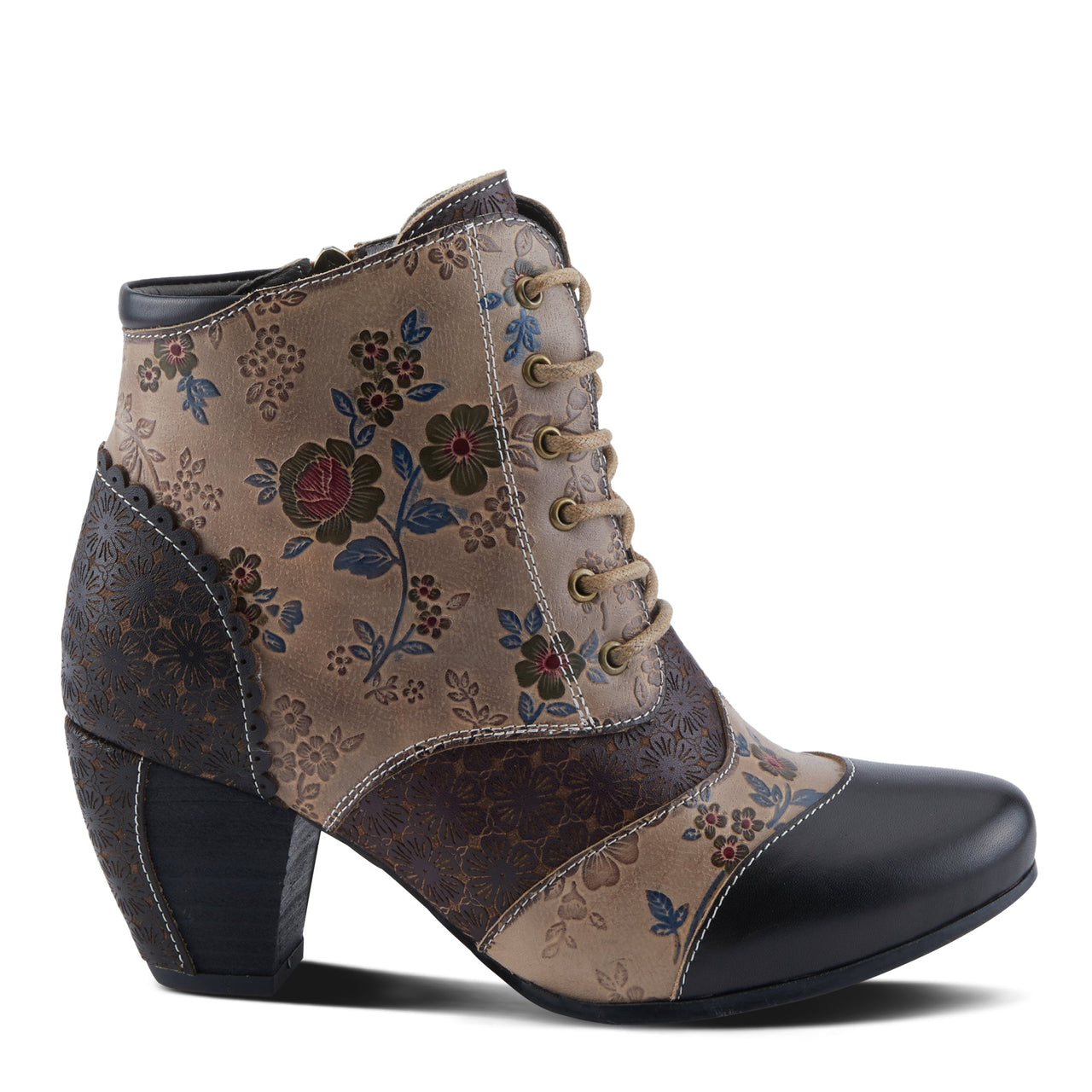 Pair of brown leather L'ARTISTE HIADELVICE boots with intricate floral design