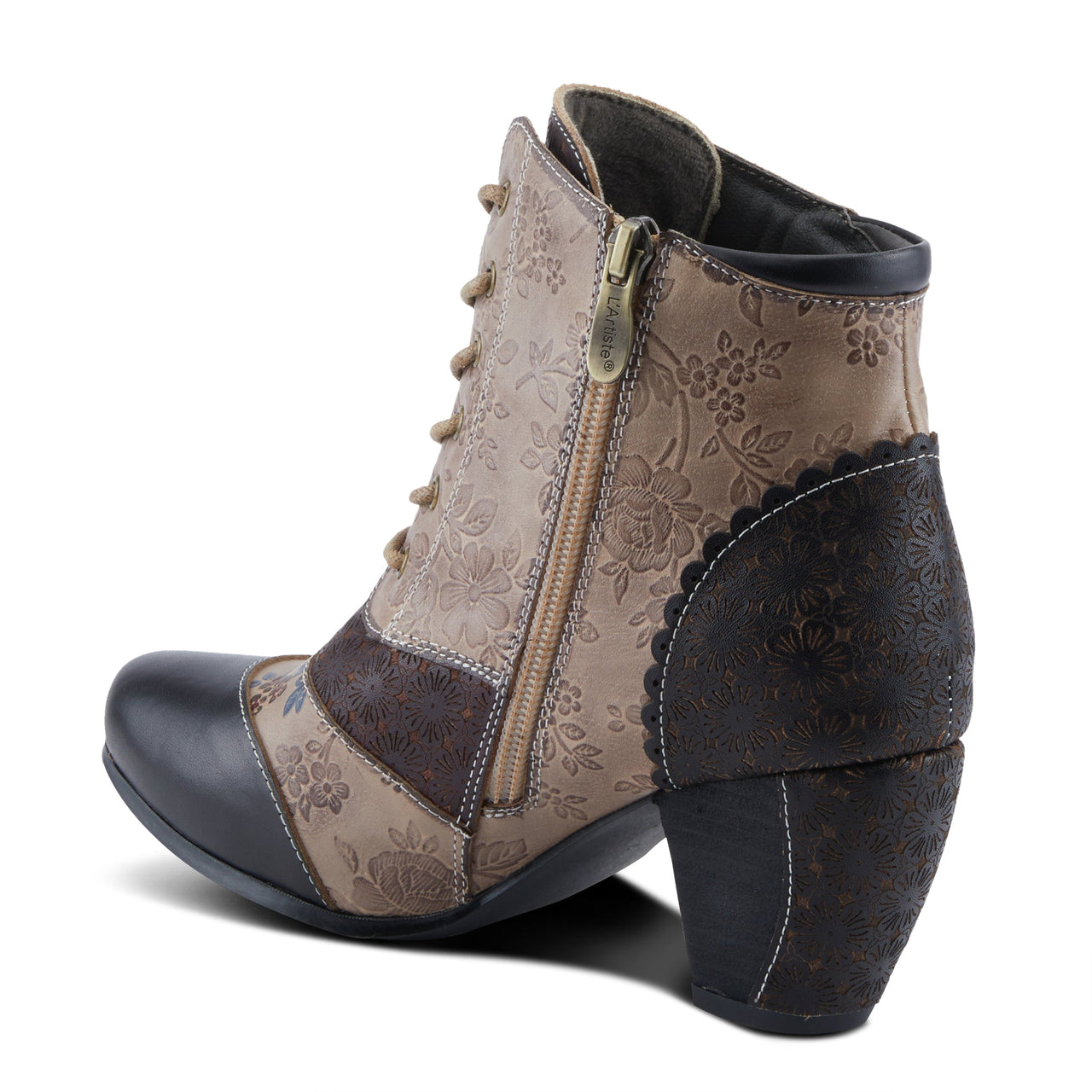 A pair of hand-painted leather L'ARTISTE HIADELVICE boots in brown and black with intricate floral designs and a stacked heel