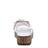 Thumbnail for Women's black leather slide sandals with floral embellishments and cushioned footbed