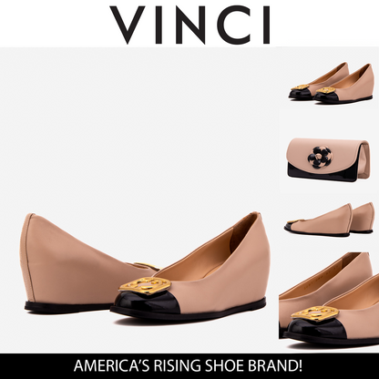 The Selene Beige & Black Leather Wedge Heel Women Shoe