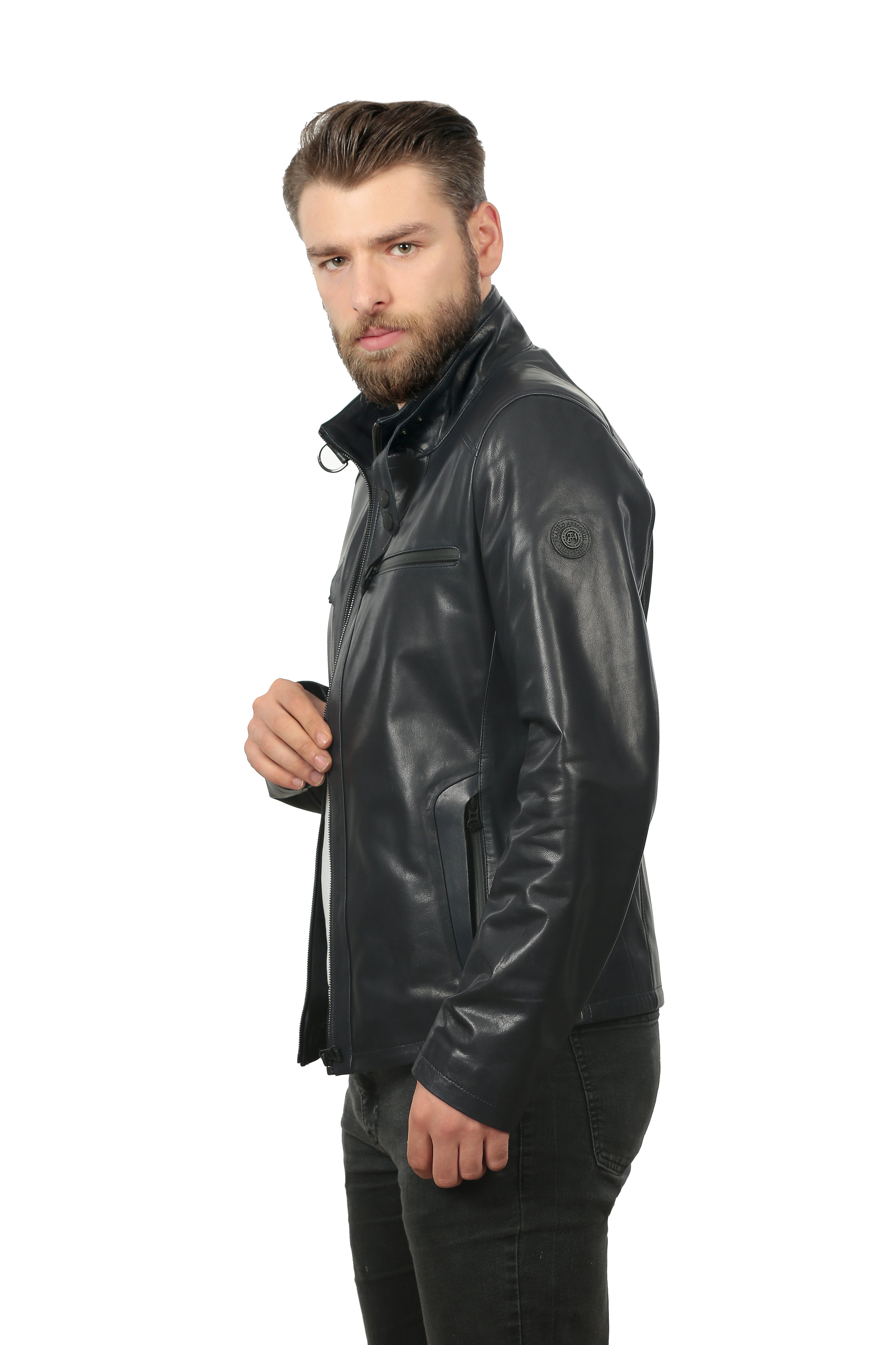 Vinci Leather Shoes The Leroy Navy Blue Leather Men Jacket