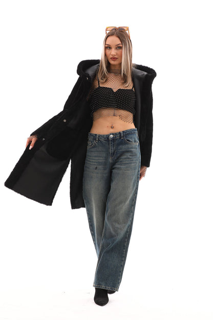 The VESARA Reversible Shearling Women Leather Coat – Jet Black