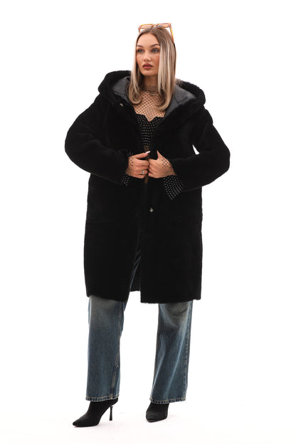 The VESARA Reversible Shearling Women Leather Coat – Jet Black