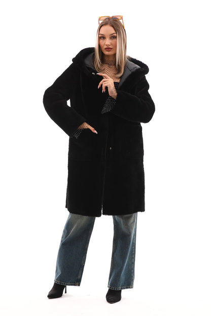 The VESARA Reversible Shearling Women Leather Coat – Jet Black