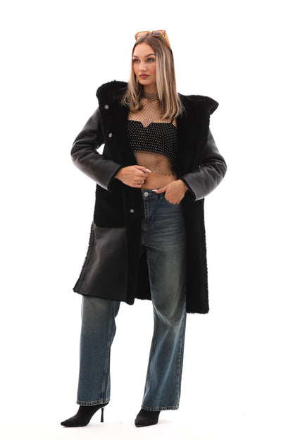 The VESARA Reversible Shearling Women Leather Coat – Jet Black
