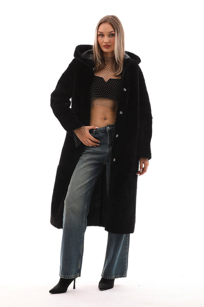 The Virella Reversible Hooded Shearling Leather Coat