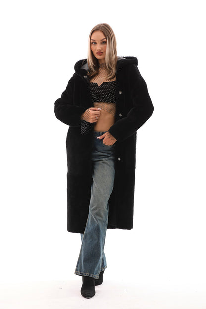 The Virella Reversible Hooded Shearling Leather Coat