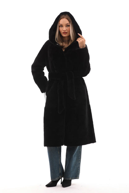 The Virella Reversible Hooded Shearling Leather Coat