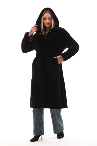 The Virella Reversible Hooded Shearling Leather Coat