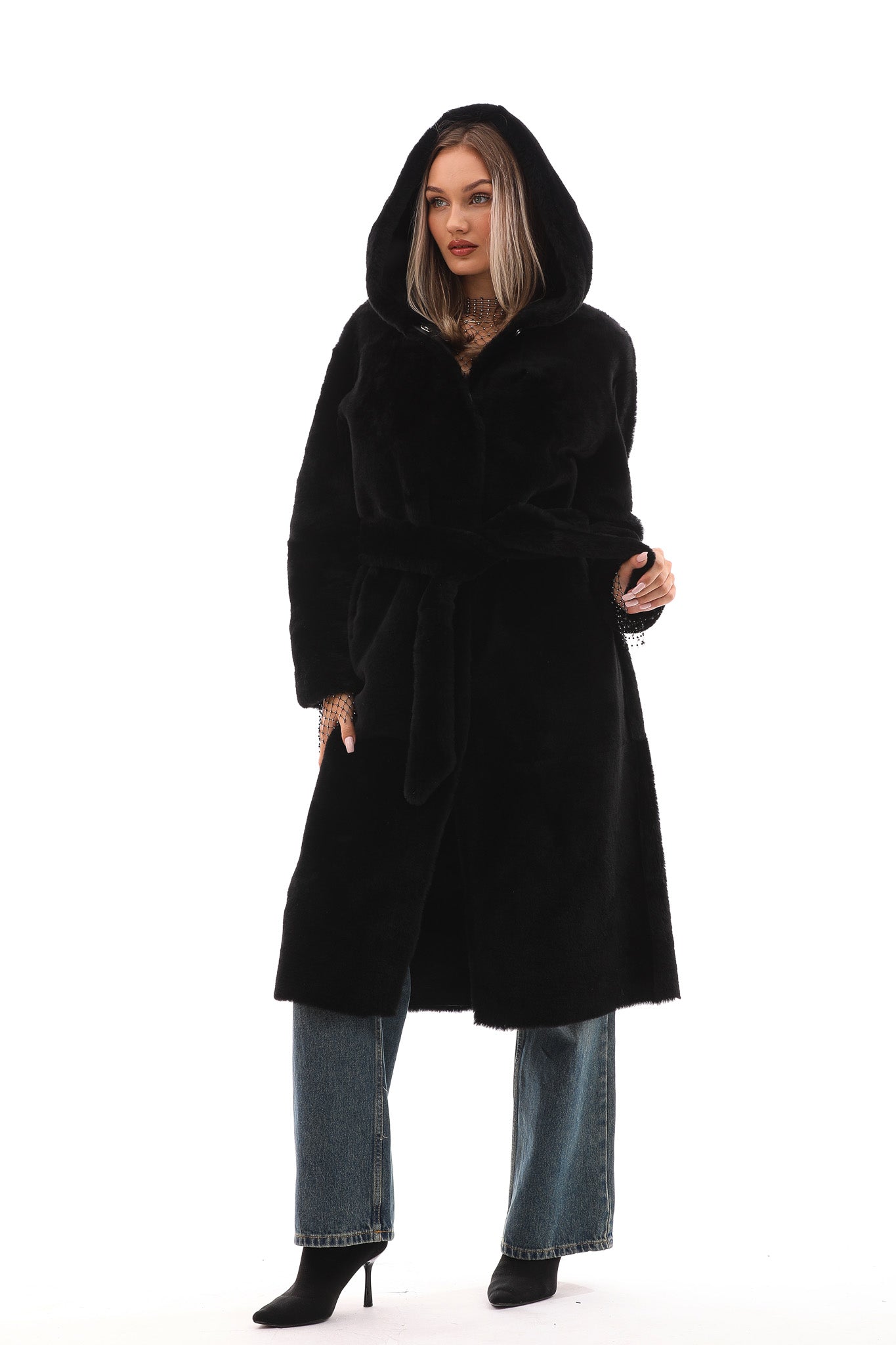 The Virella Reversible Hooded Shearling Leather Coat