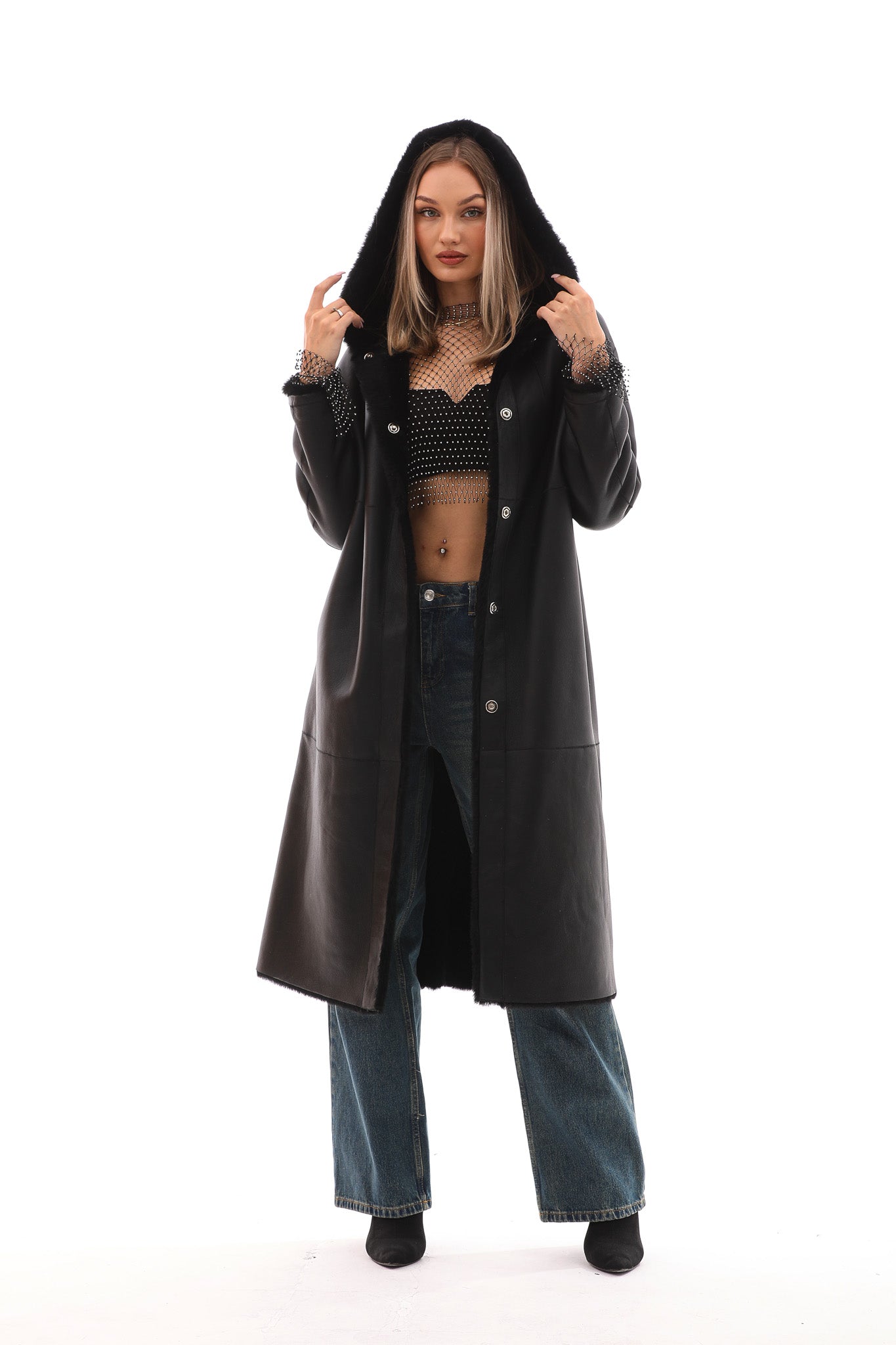 The Virella Reversible Hooded Shearling Leather Coat