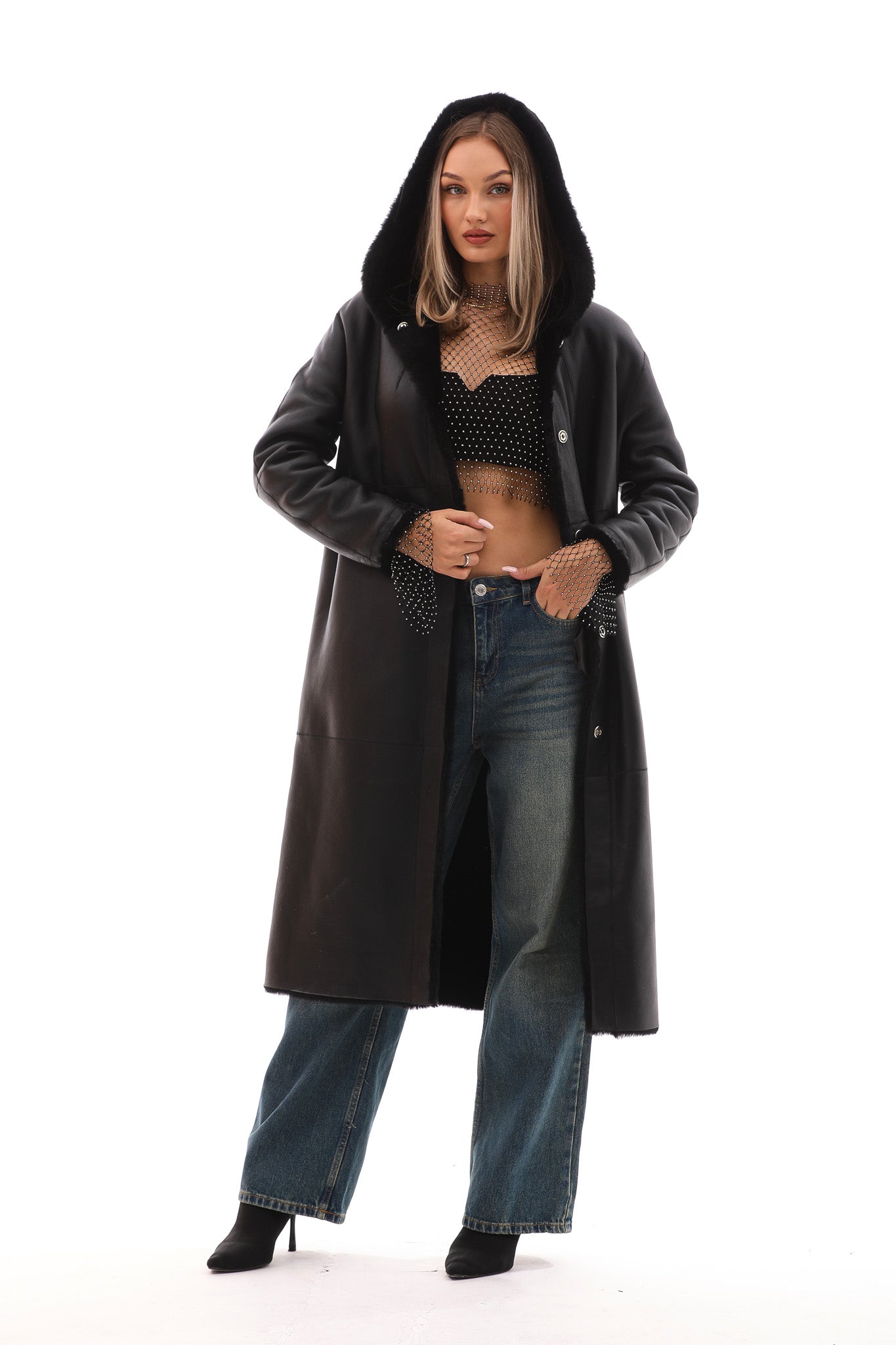 The Virella Reversible Hooded Shearling Leather Coat