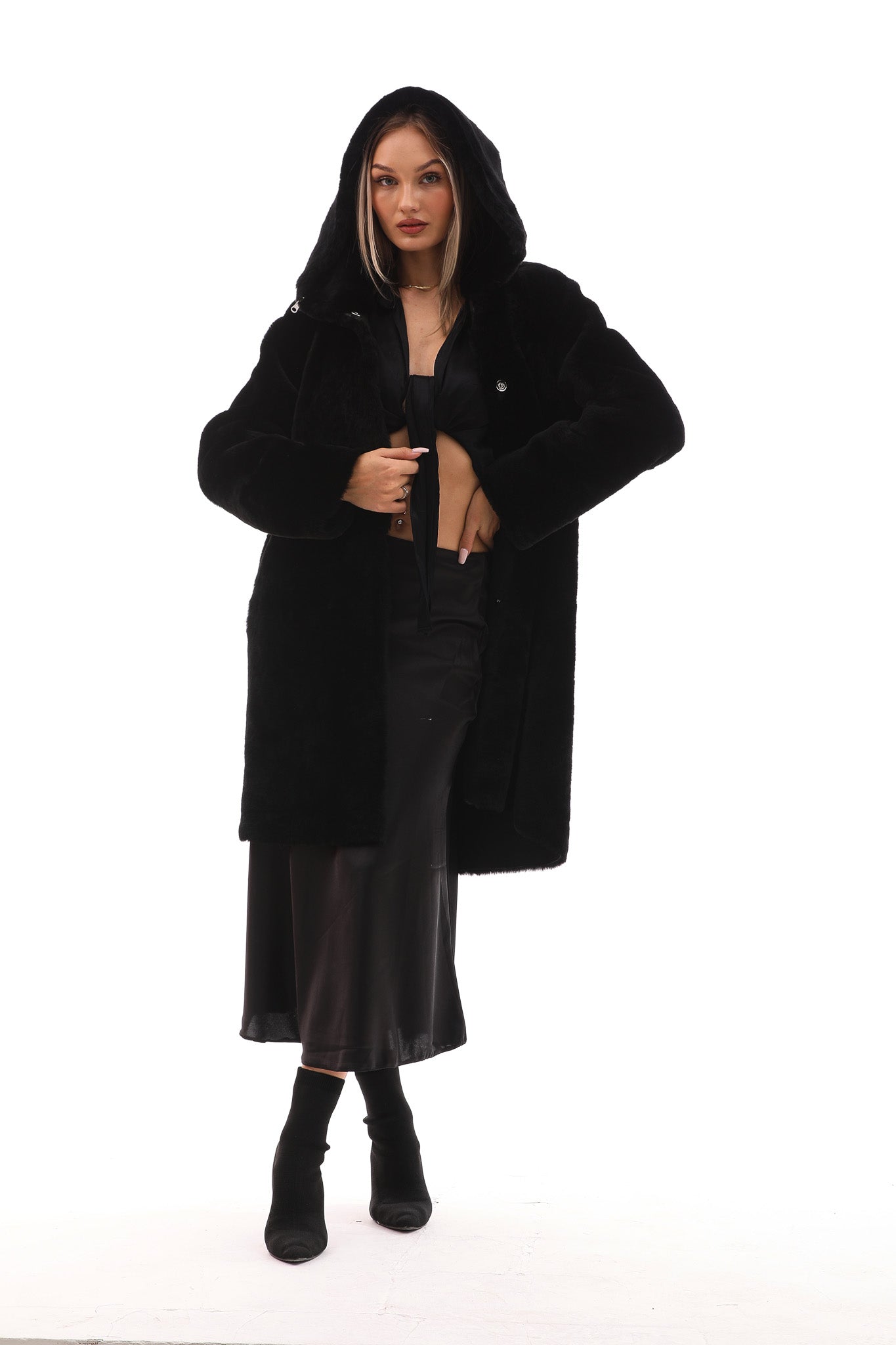 The Noctura Reversible Hooded Shearling Leather Coat
