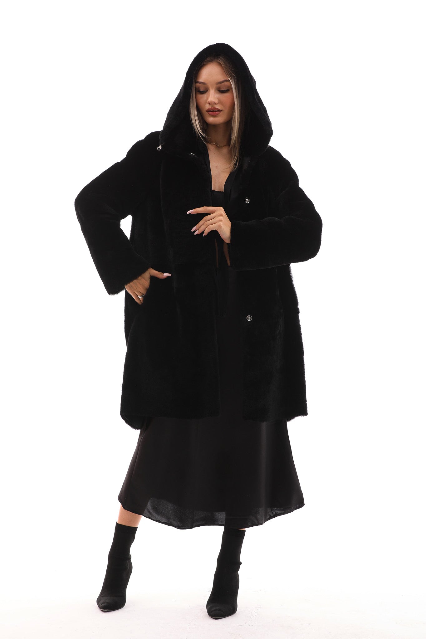 The Noctura Reversible Hooded Shearling Leather Coat