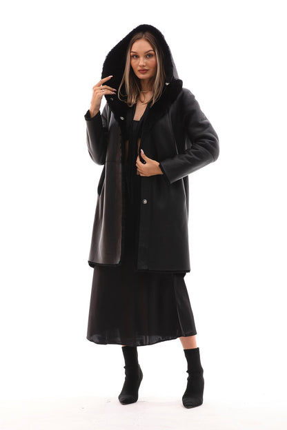 The Noctura Reversible Hooded Shearling Leather Coat