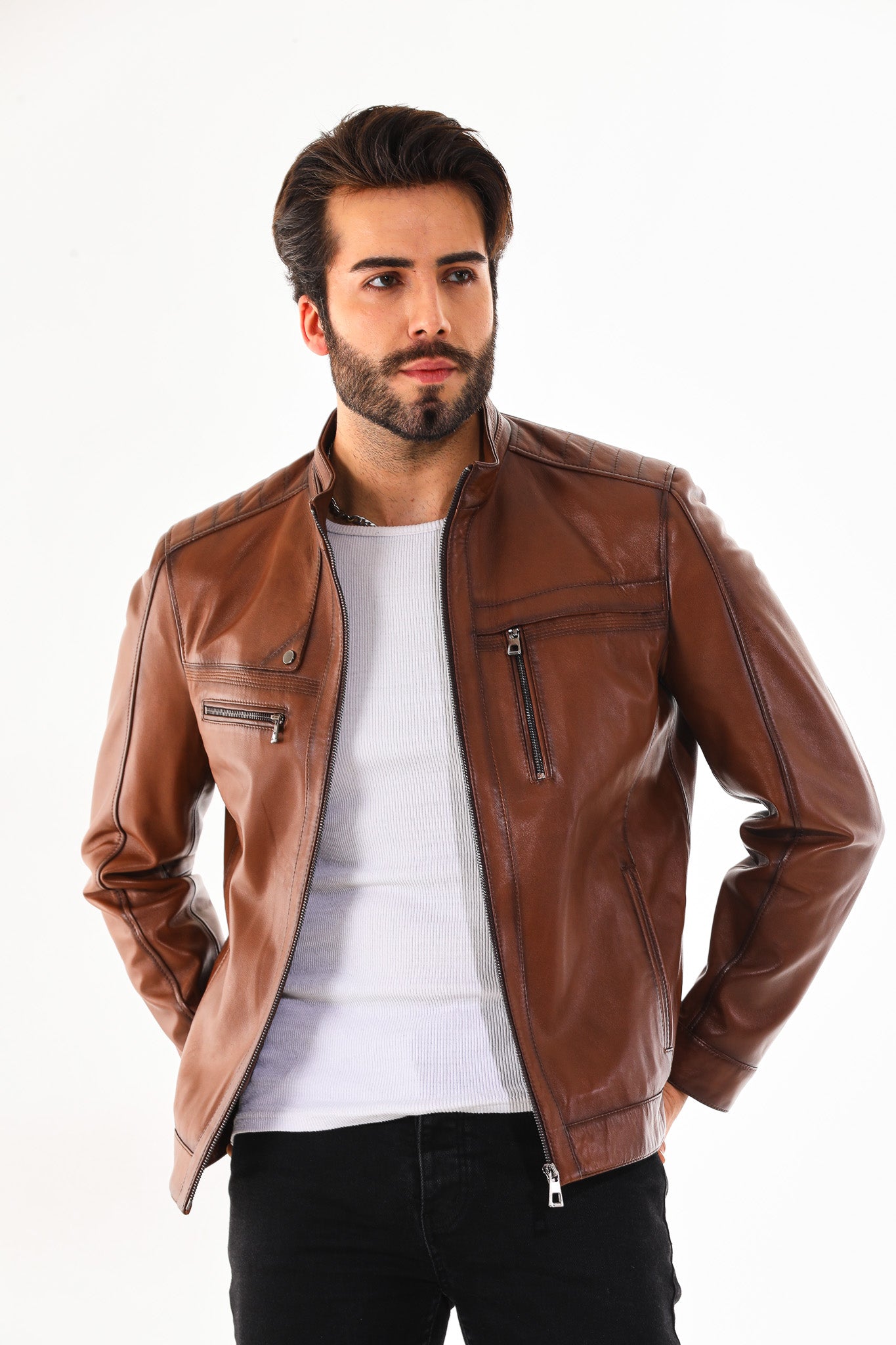 The Rossi Cognac Brown Leather Men Jacket
