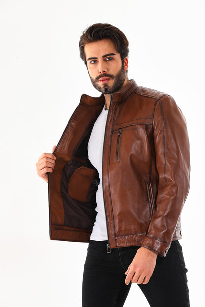 The Rossi Cognac Brown Leather Men Jacket