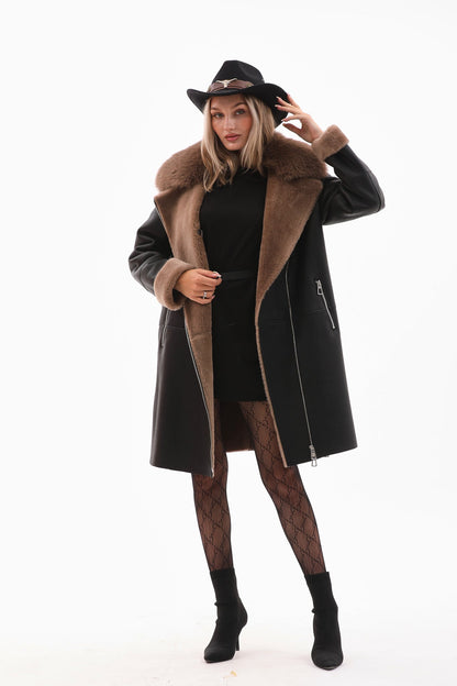 The Onyx Caramel Shearling & Fox Fur Leather Women Jacket