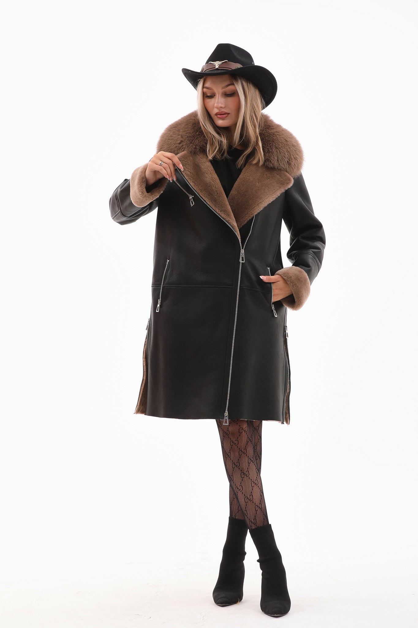 The Onyx Caramel Shearling & Fox Fur Leather Women Jacket