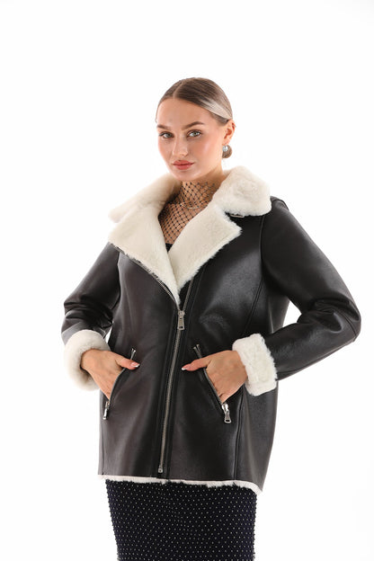 The Prague Black & White Leather Women Jacket