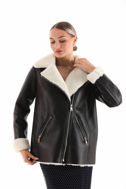 The Prague Black & White Leather Women Jacket