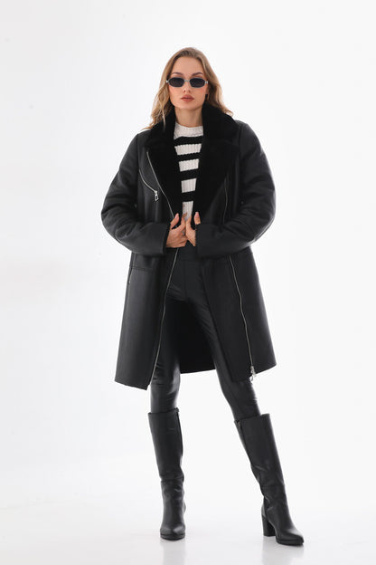 The Onyx Black Shearling & Fox Fur Leather Women Jacket