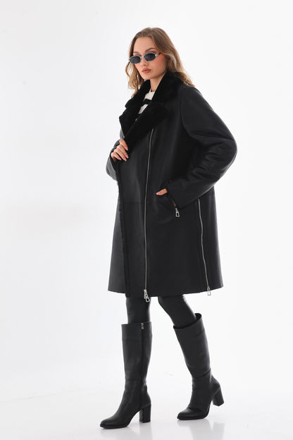 The Onyx Black Shearling & Fox Fur Leather Women Jacket