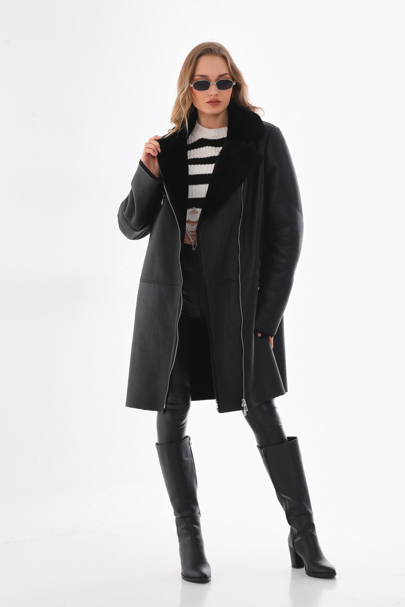 The Onyx Black Shearling & Fox Fur Leather Women Jacket