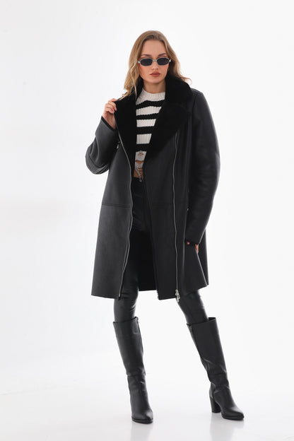The Onyx Black Shearling & Fox Fur Leather Women Jacket