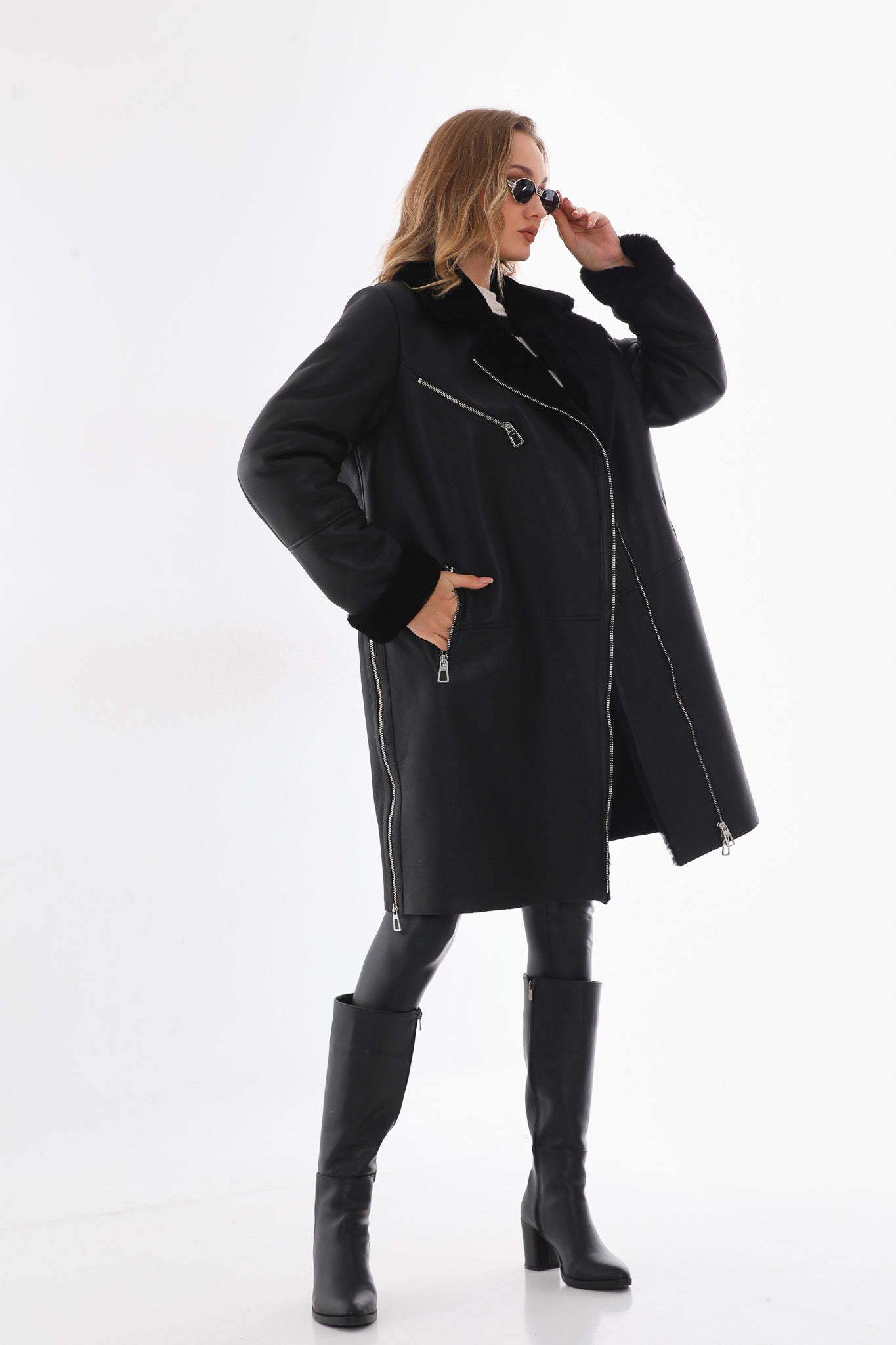 The Onyx Black Shearling & Fox Fur Leather Women Jacket