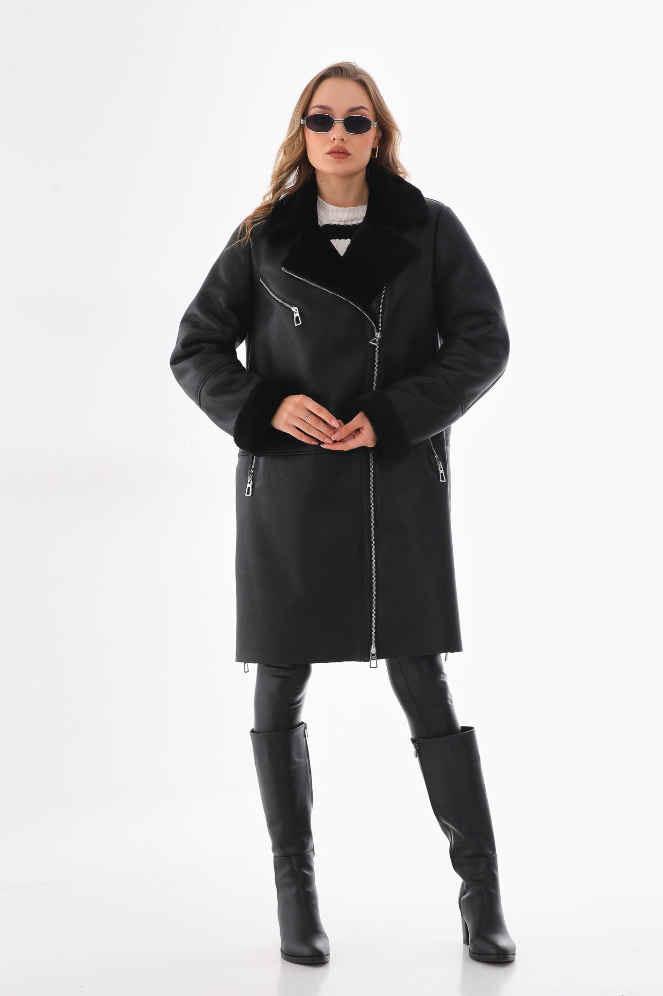 The Onyx Black Shearling & Fox Fur Leather Women Jacket