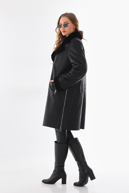 The Onyx Black Shearling & Fox Fur Leather Women Jacket