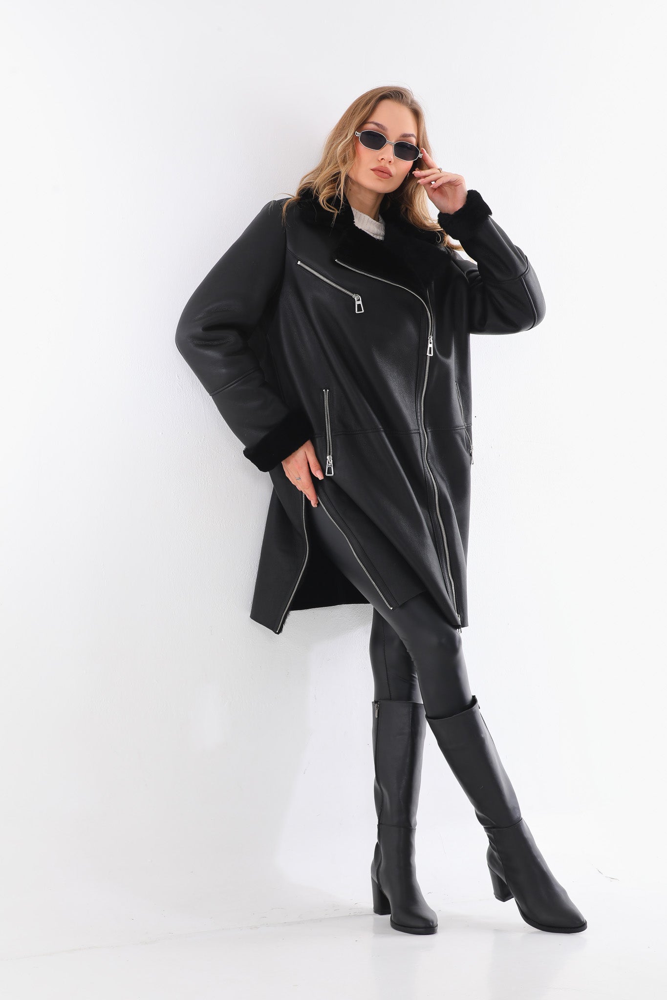 The Onyx Black Shearling & Fox Fur Leather Women Jacket