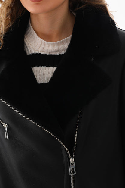 The Onyx Black Shearling & Fox Fur Leather Women Jacket