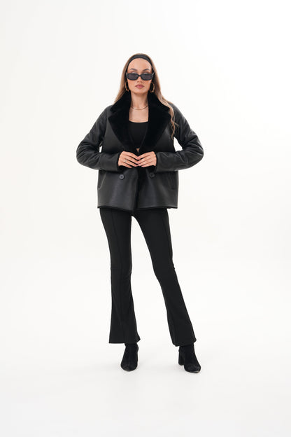 The Zurich Double-Breasted Black Shearling Leather Women Jacket