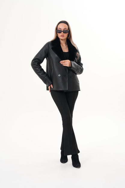 The Zurich Double-Breasted Black Shearling Leather Women Jacket