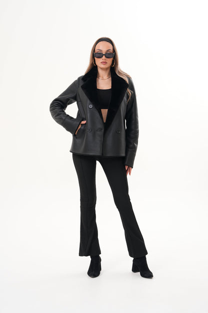 The Zurich Double-Breasted Black Shearling Leather Women Jacket